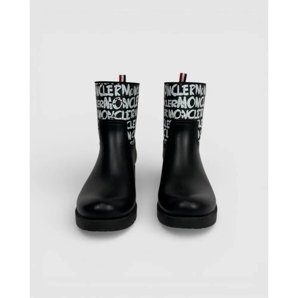 Moncler Black Rubber w White Graphic Mid-Calf Rain Boots